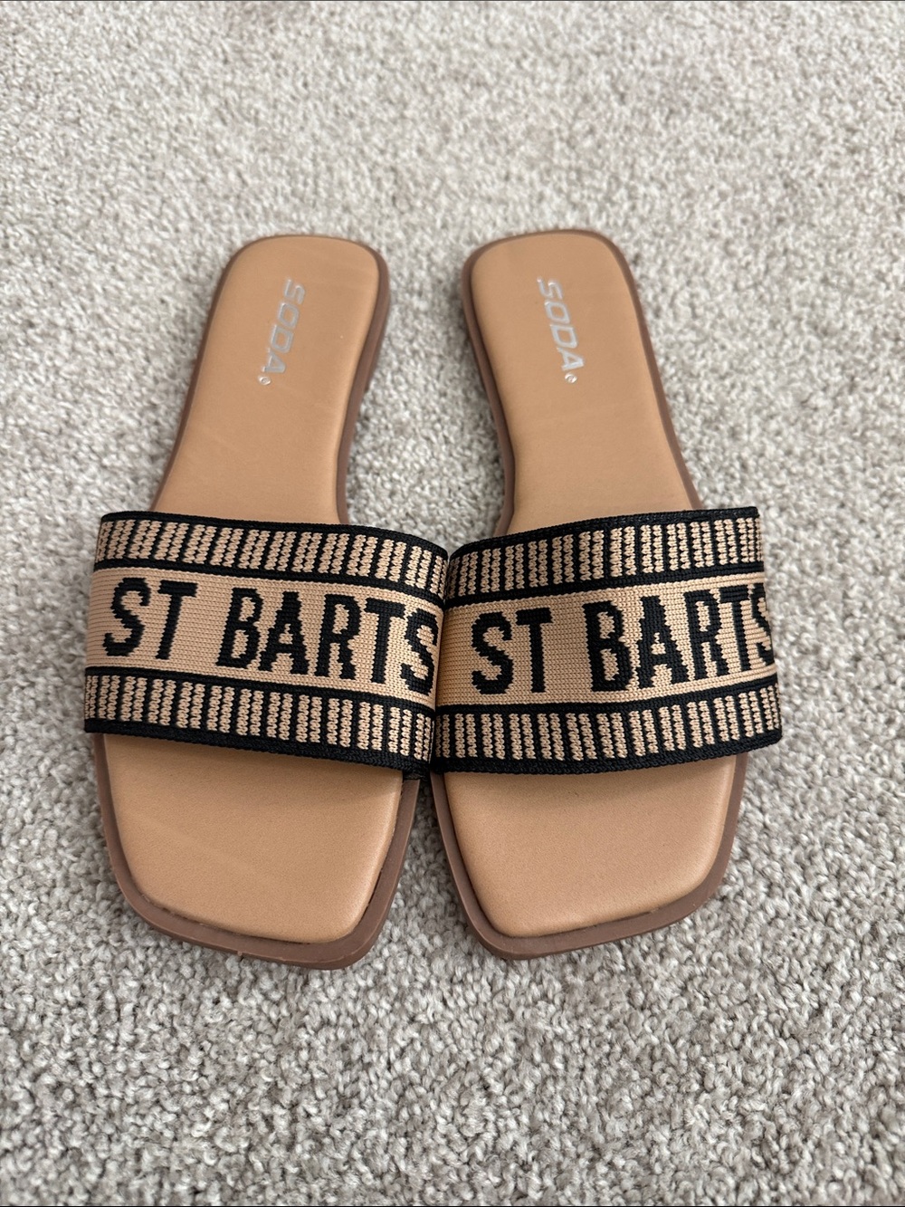 Soda Tan Slide Sandals with Black Woven Logo Strap